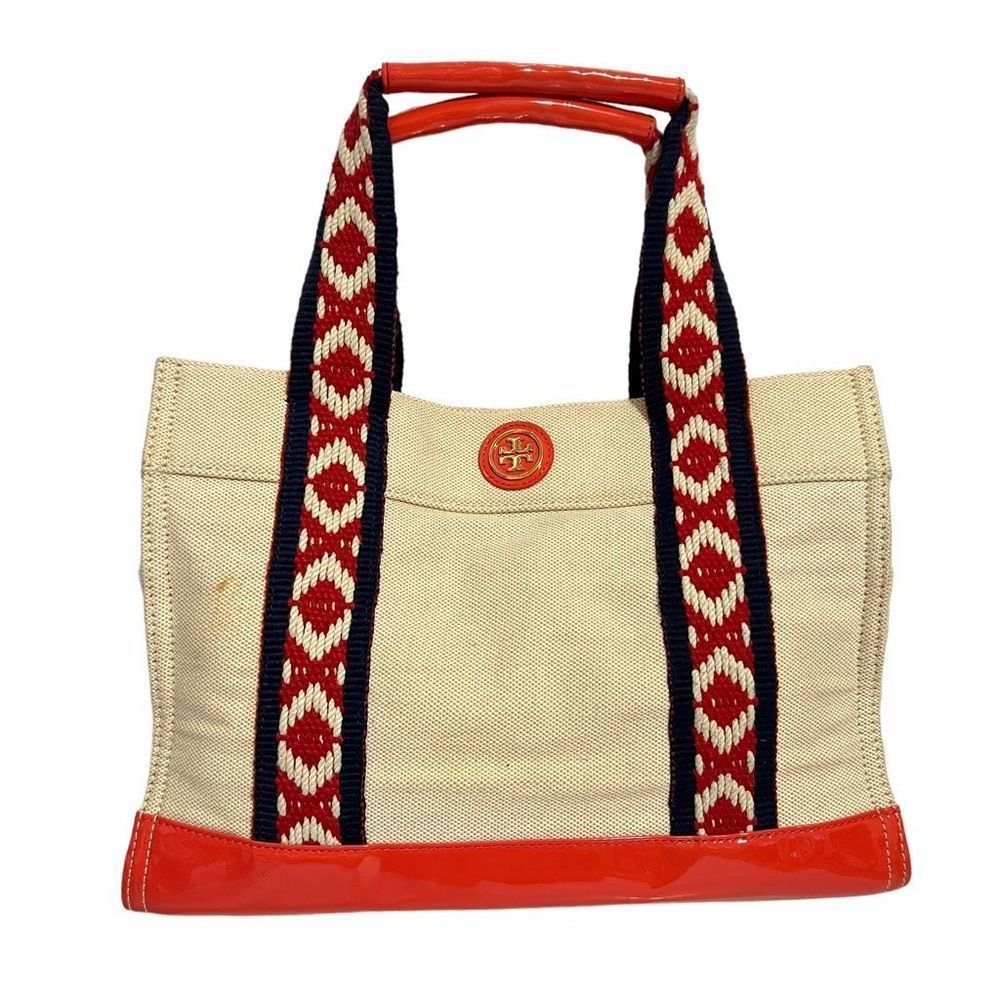 TORY BURCH Cream Canvas & Red Leather Tote Bag